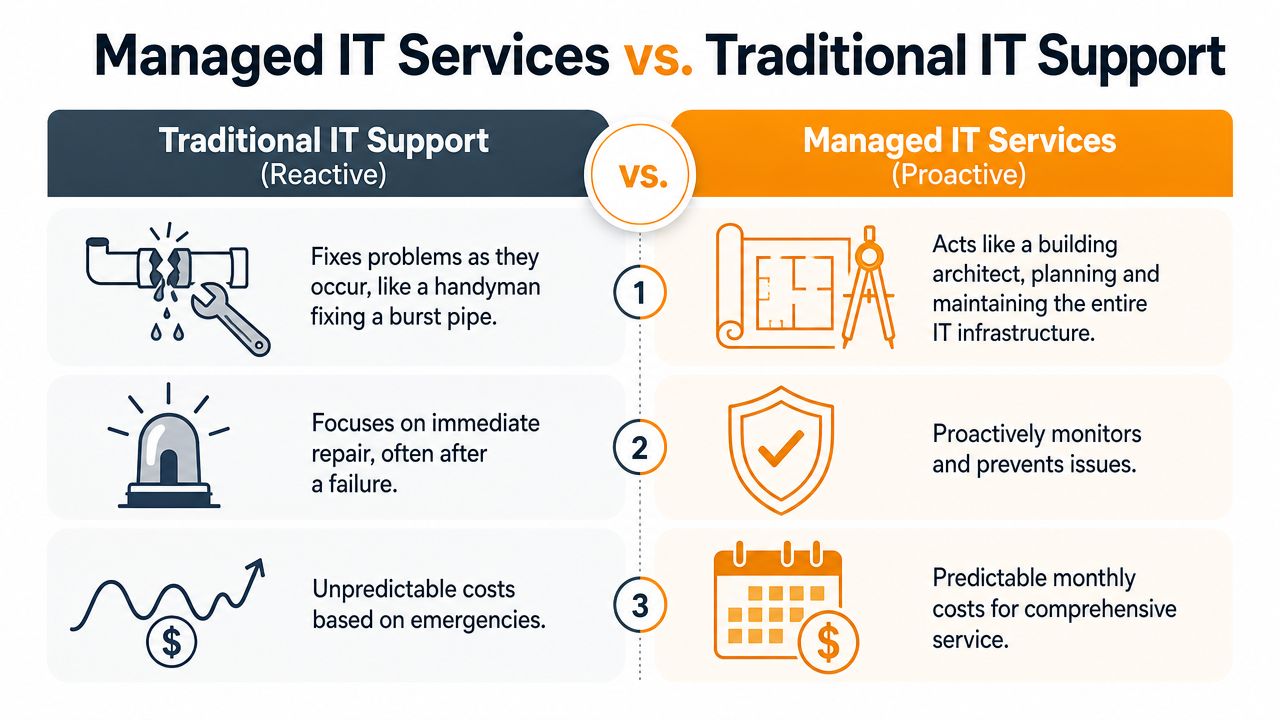 A comparison chart showing the differences between reactive traditional IT support and proactive managed IT services.