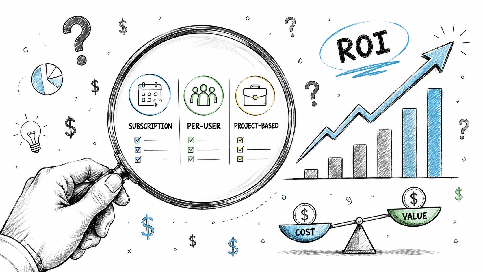 A hand holds a magnifying glass over different business pricing models like subscription and project-based pricing.