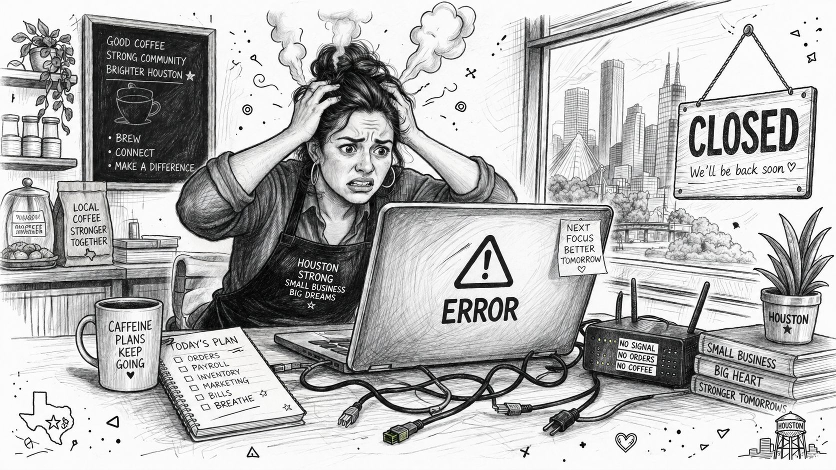 Stressed small business owner in Houston struggling with a computer system error in a closed coffee shop.