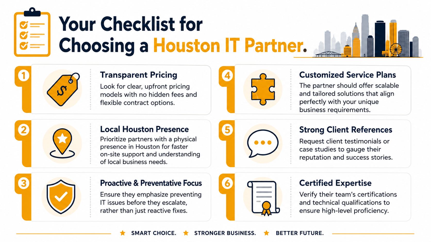 An infographic checklist for selecting a managed IT services partner located in Houston, Texas for businesses.