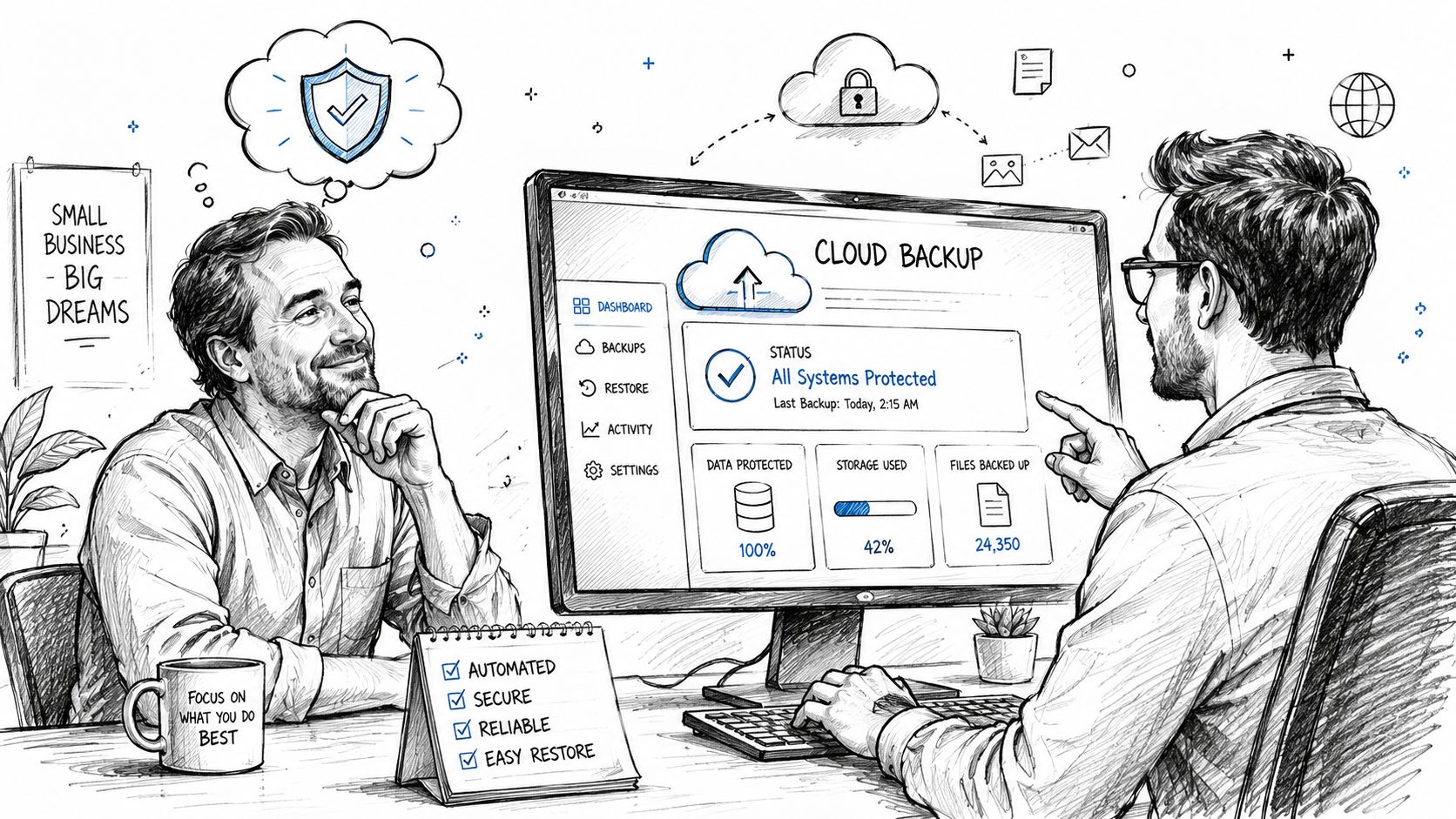 A professional man consults with a business partner about secure cloud backup solutions on a computer monitor.