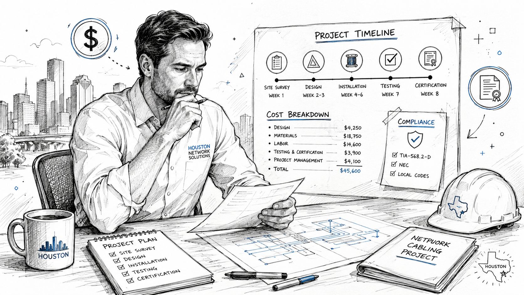 A professional engineer reviewing network cabling project plans and costs in a Houston-based construction management office.