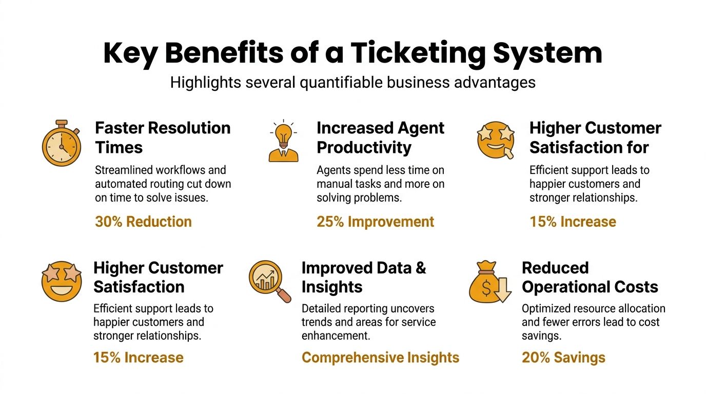 An infographic showing six key business benefits of using a customer support ticketing system with icons.