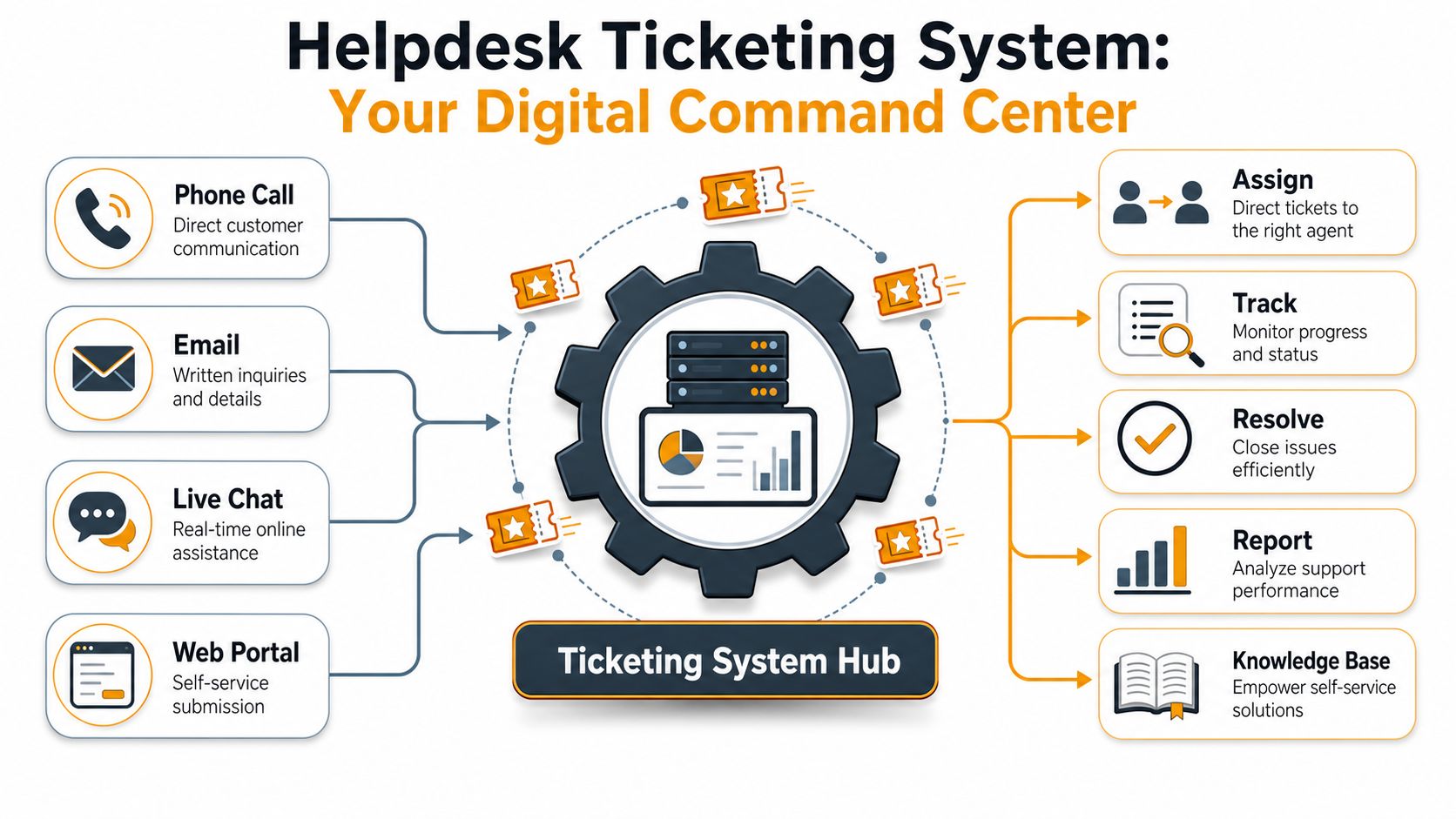 A diagram illustrating the workflow of a helpdesk ticketing system from customer inquiry to final resolution.