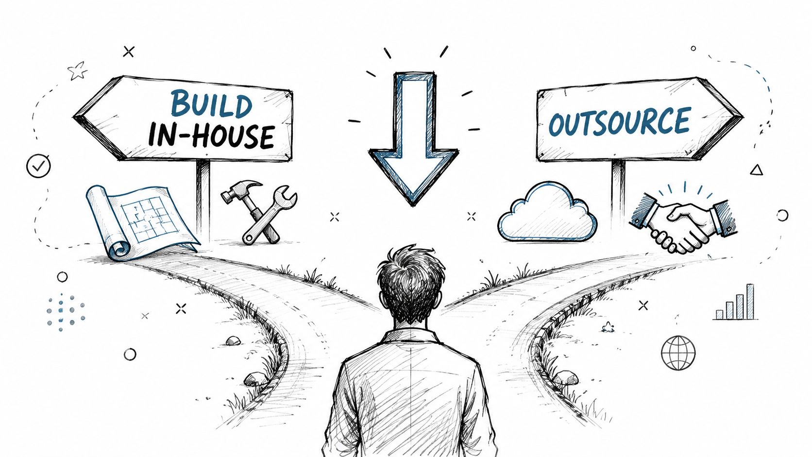 A person standing at a fork in the road choosing between building in-house or outsourcing business operations.