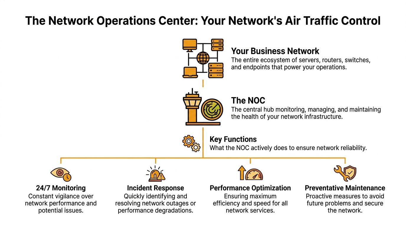 An infographic illustrating the functions of a Network Operations Center as the air traffic control for businesses.