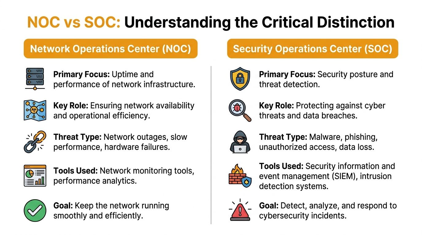 A comparison chart outlining the key differences between a Network Operations Center and a Security Operations Center.