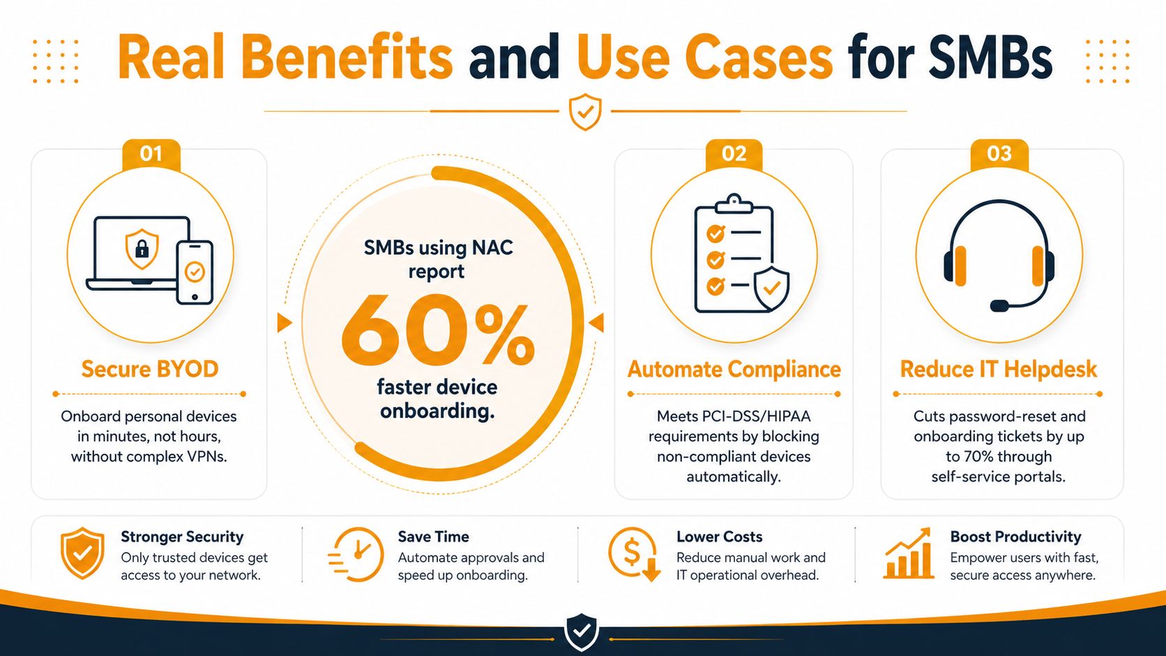 An infographic showing benefits of network access control, including secure BYOD, automated compliance, and reduced IT helpdesk tickets.