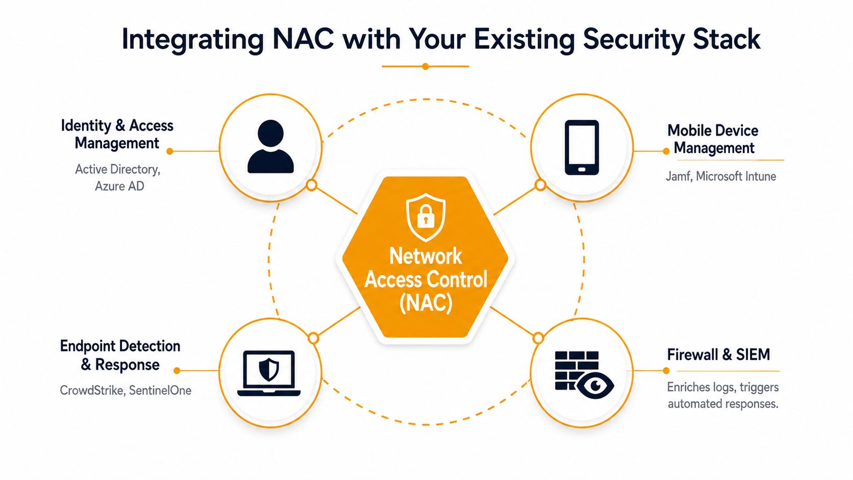 A diagram illustrating how Network Access Control integrates with existing security stack technologies like identity management and firewalls.