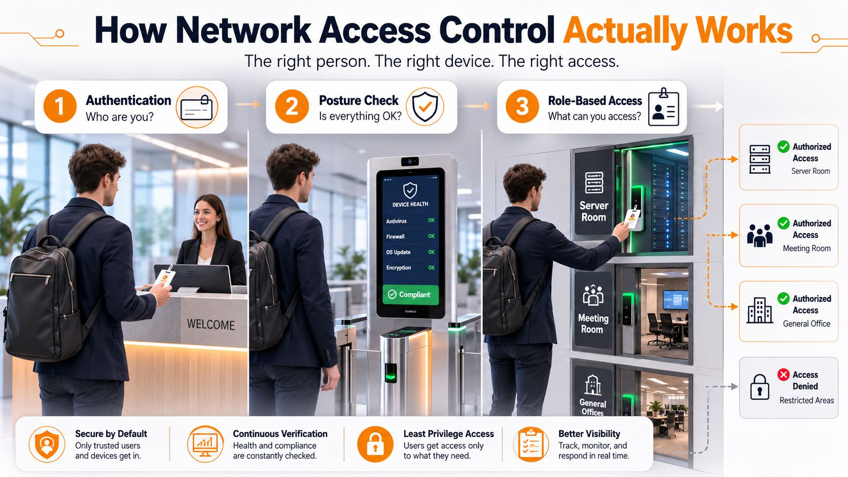 A visual representation showing three steps of network access control: authentication, posture check, and role-based access.