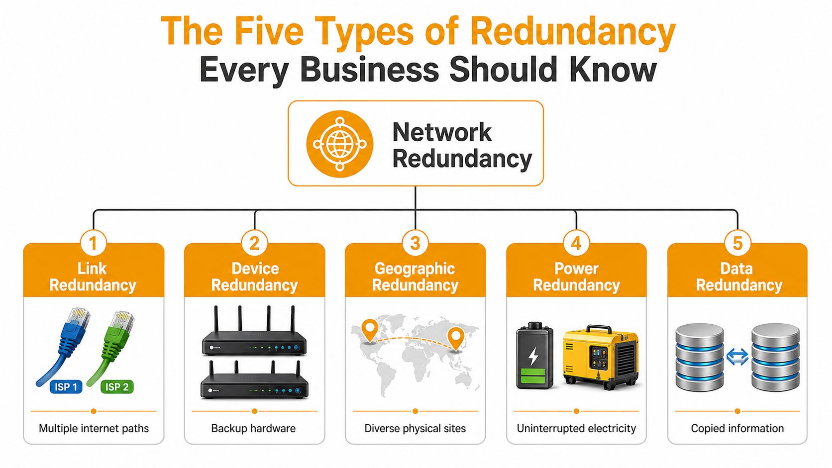 A diagram outlining the five essential types of redundancy for businesses, including network, link, device, geographic, power, and data.