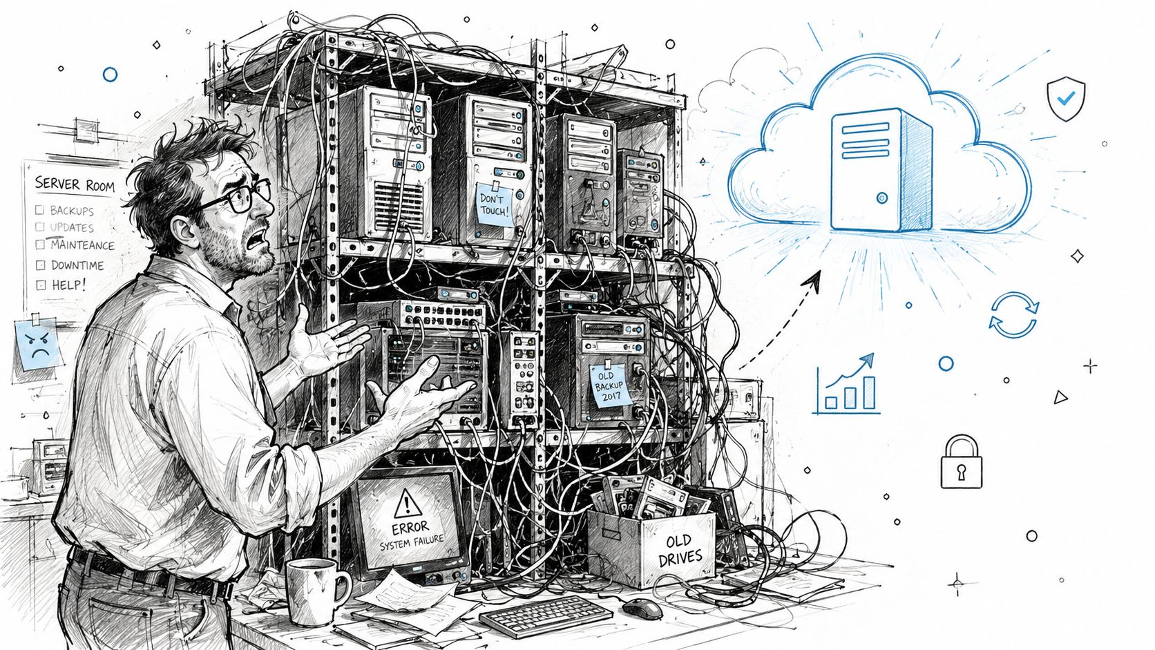 An overwhelmed IT technician looking at a messy, chaotic server rack causing a system failure error.