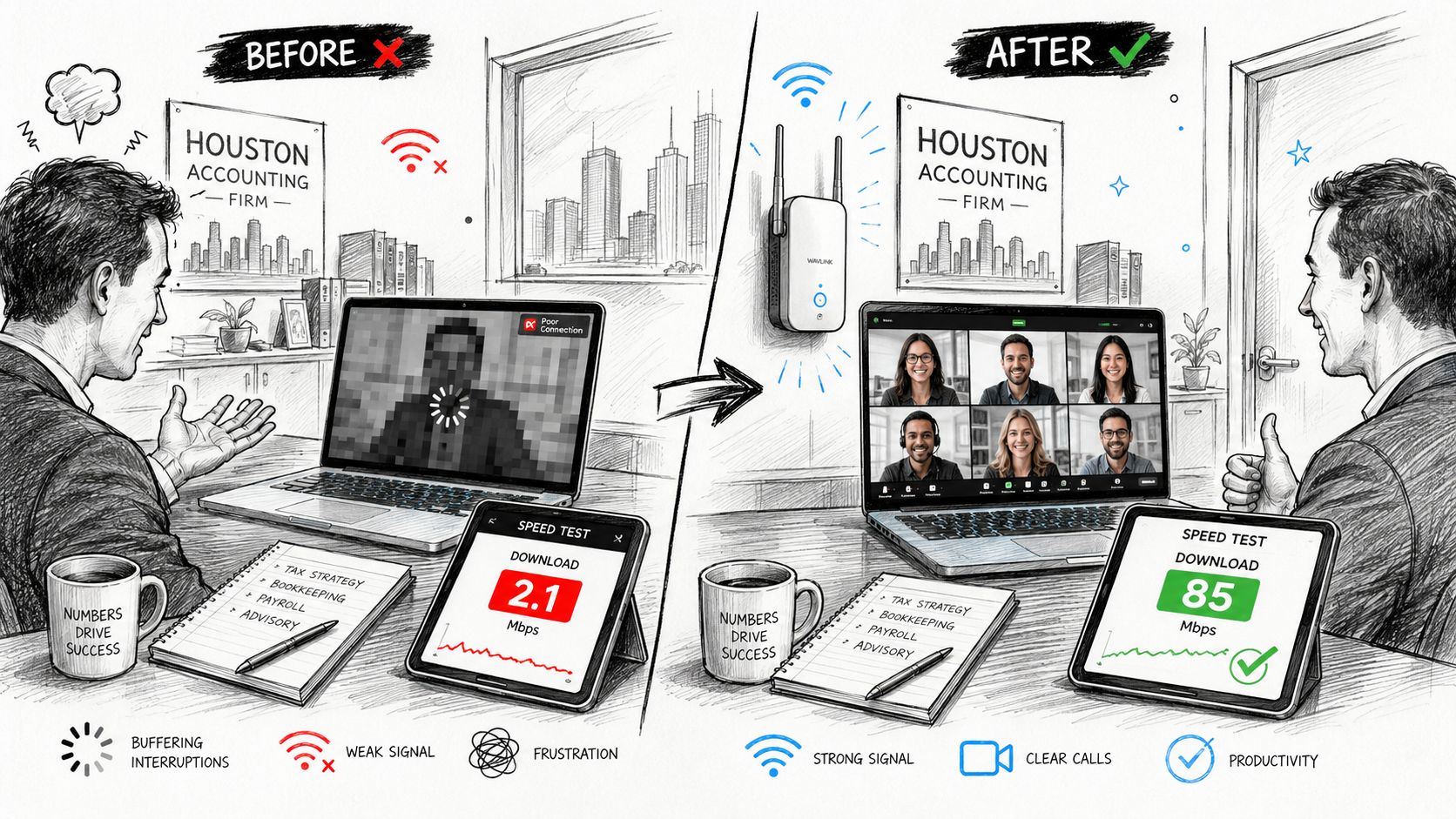 A split illustration showing improved office internet speed and video call quality using a WiFi extender device.
