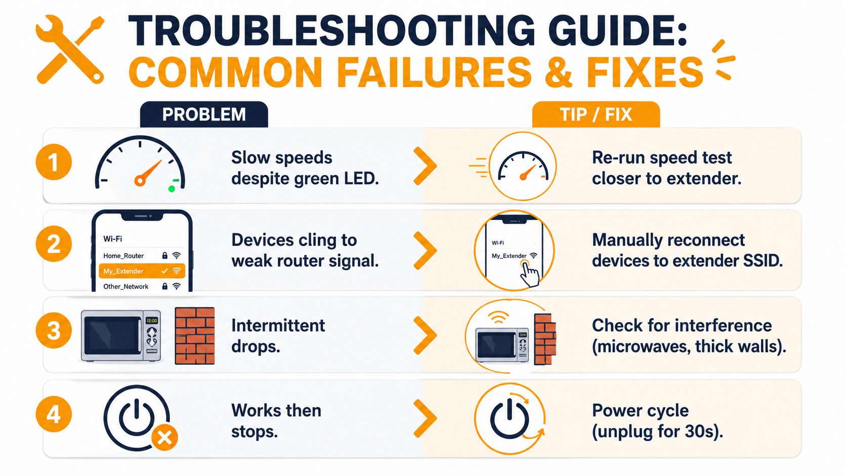 A troubleshooting guide with four common Wi-Fi extender problems and their corresponding solutions listed in a chart.