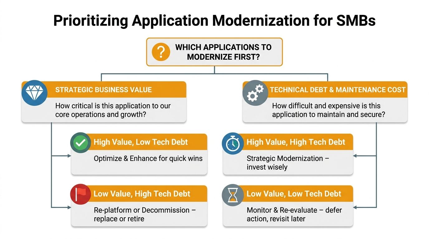A flowchart explaining how SMBs can prioritize application modernization based on business value and technical debt.