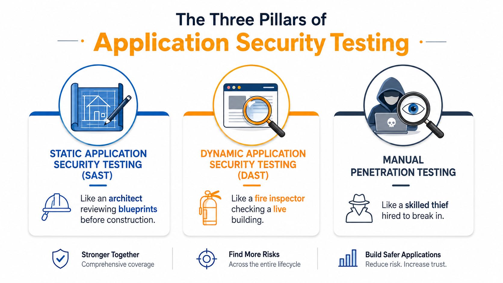 An infographic showing the three pillars of application security testing: SAST, DAST, and manual penetration testing with comparisons.