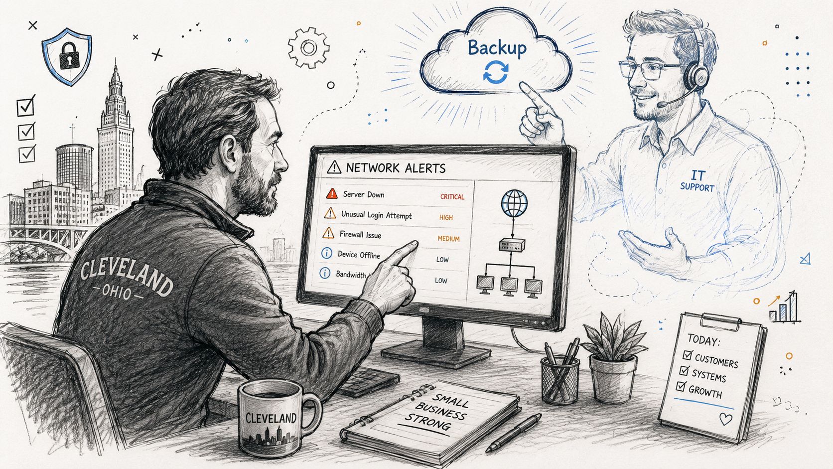 A professional in Cleveland monitors network alerts while receiving cloud backup support from an IT consultant.
