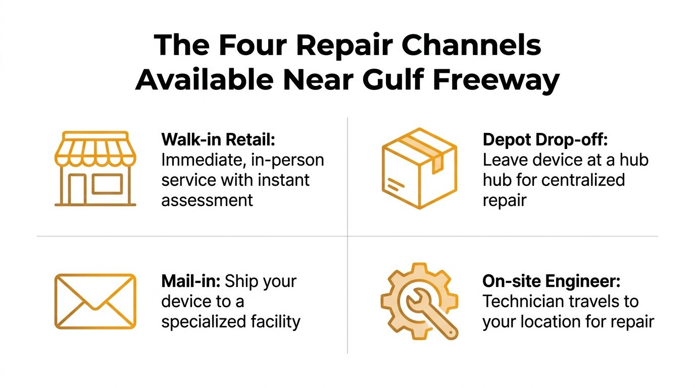 A graphic showing four repair channels near Gulf Freeway: Walk-in, Depot drop-off, Mail-in, and On-site engineer.