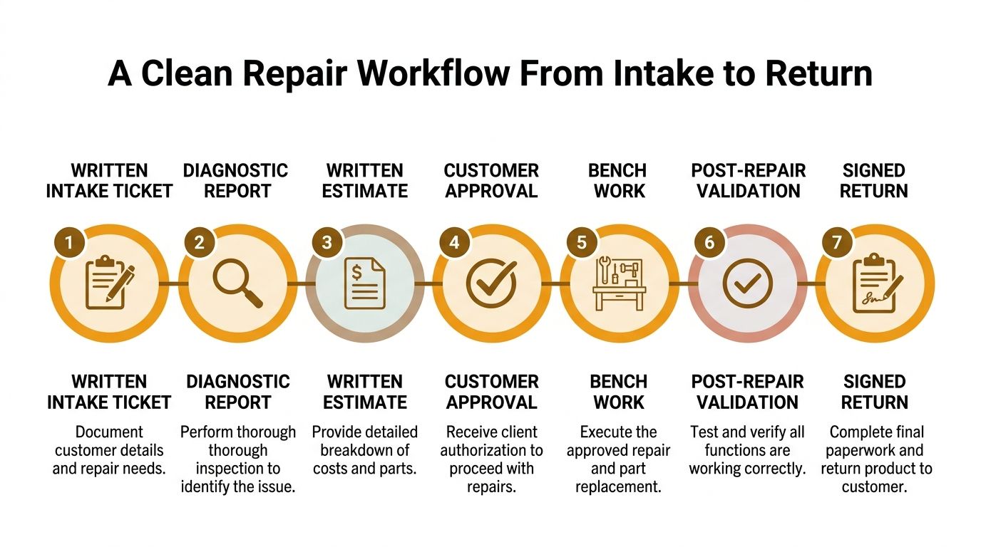A diagram illustrating a seven-step repair workflow process from initial intake to final customer return.