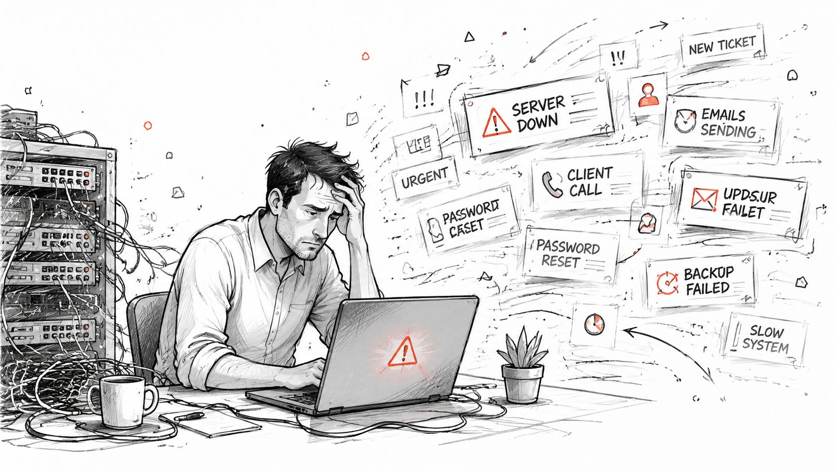 A stressed IT professional sitting at a desk overwhelmed by server issues, notifications, and technical system failures.