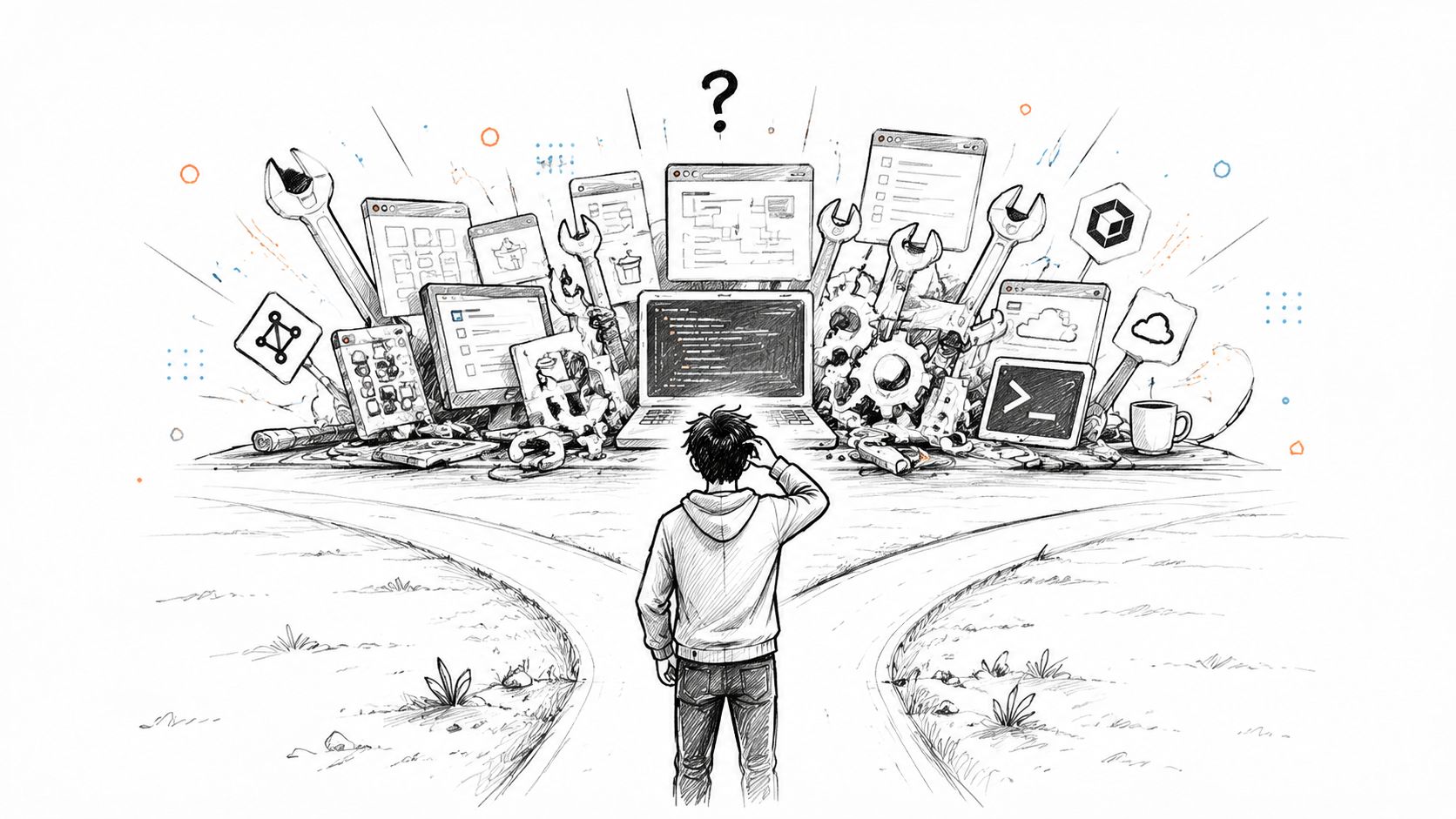 A person standing at a crossroads, pondering the complexity of various software development and DevOps tools.