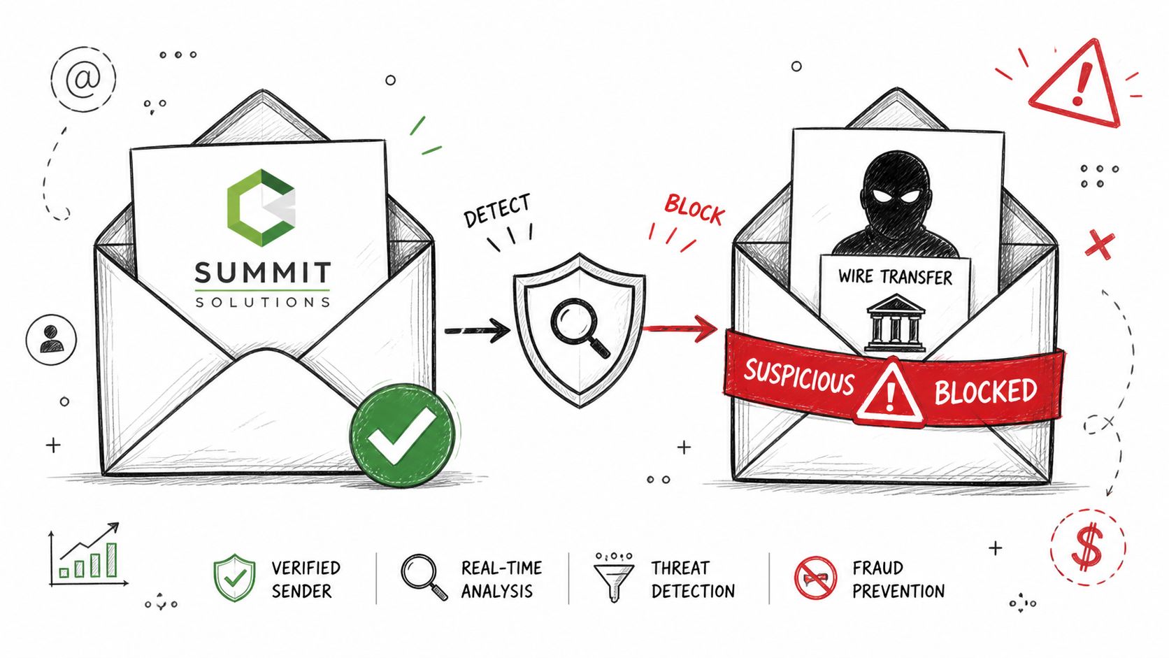 An infographic illustrating email security processes detecting and blocking a fraudulent wire transfer email attempt.