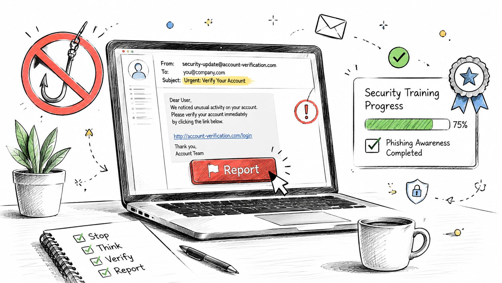 A hand-drawn illustration showing a laptop displaying a phishing email with a report button and security tips.