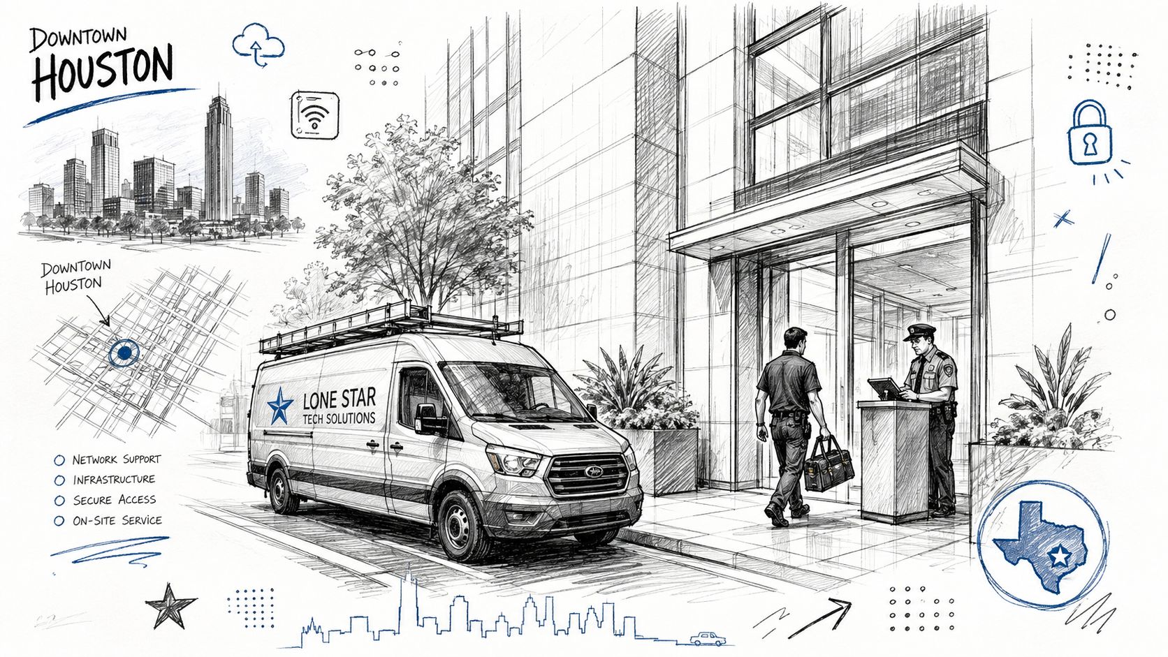A technician from Lone Star Tech Solutions arrives at a downtown Houston building for on-site services.