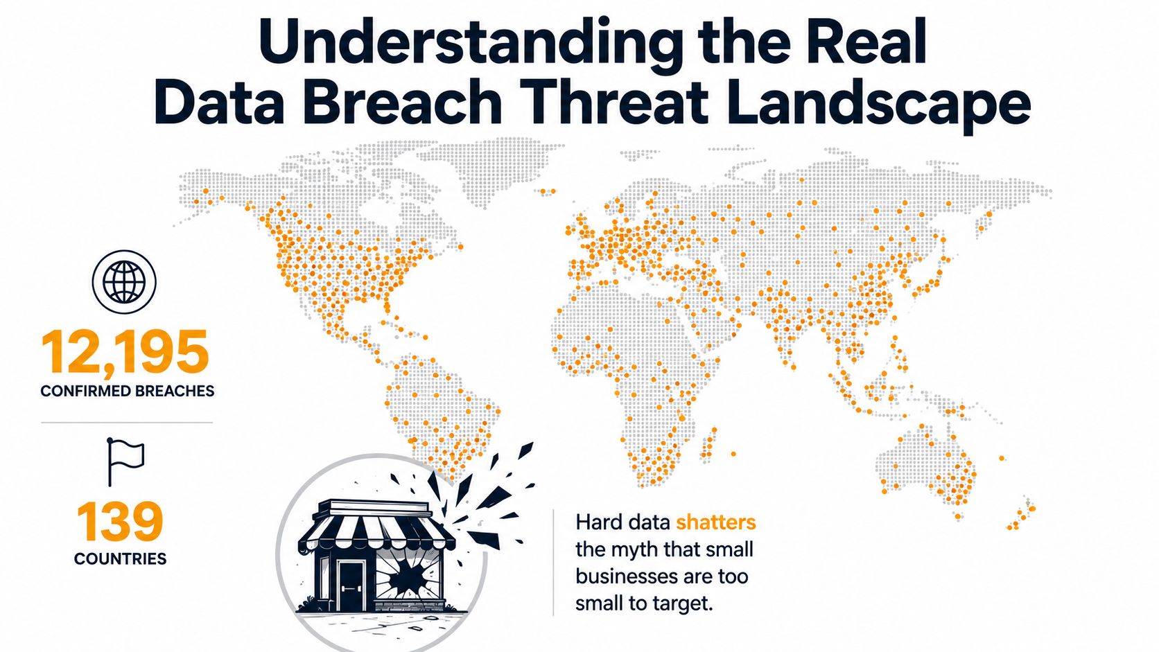 A world map illustrating global data breaches with 12,195 incidents recorded across 139 different countries.