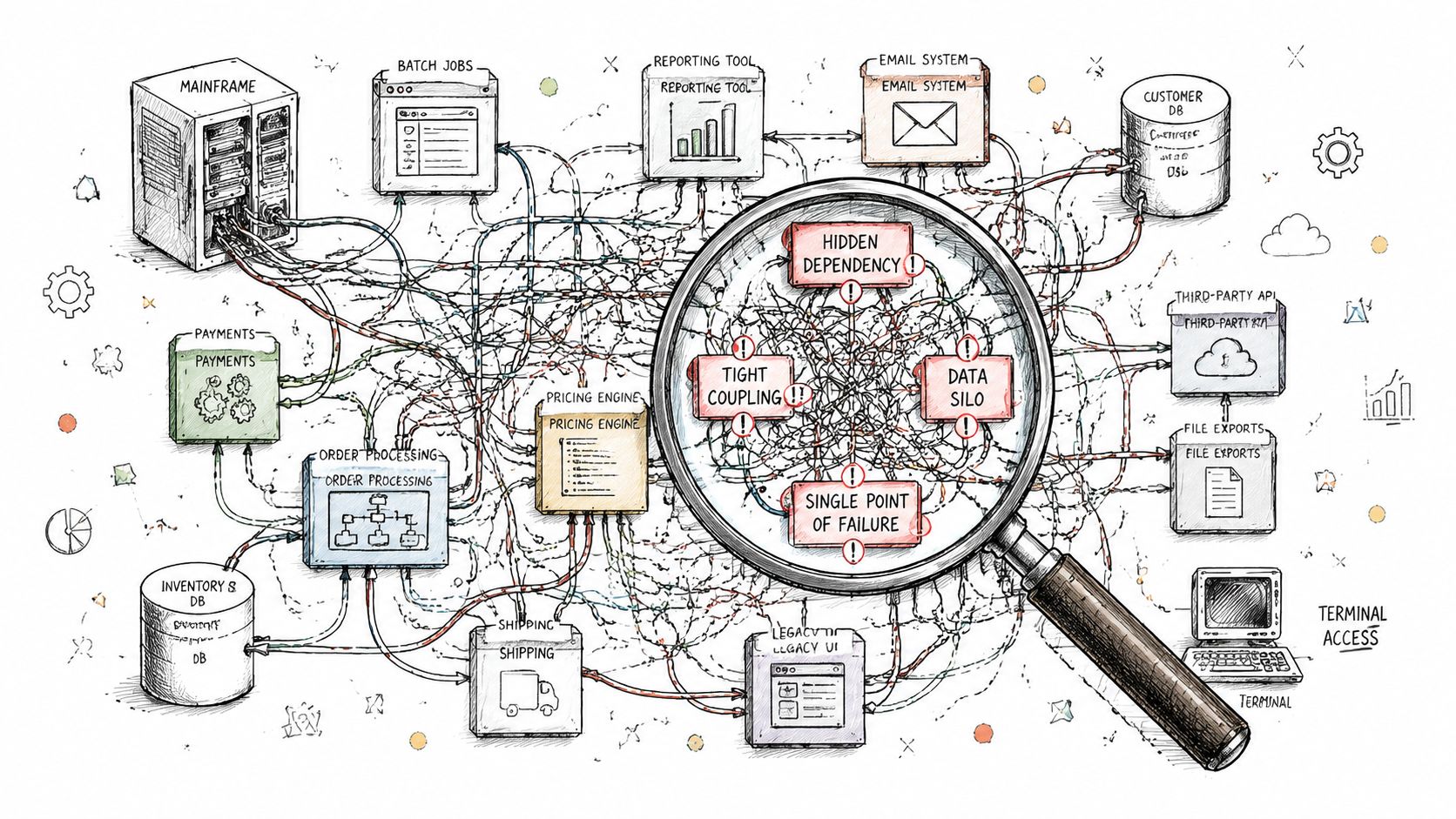 A hand-drawn illustration showing a complex, tangled network of legacy IT infrastructure components under a magnifying glass.