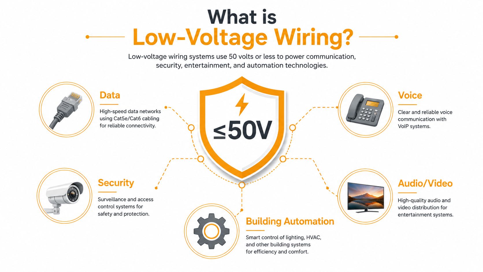 An infographic defining low-voltage wiring systems as those using 50 volts or less for technology applications.