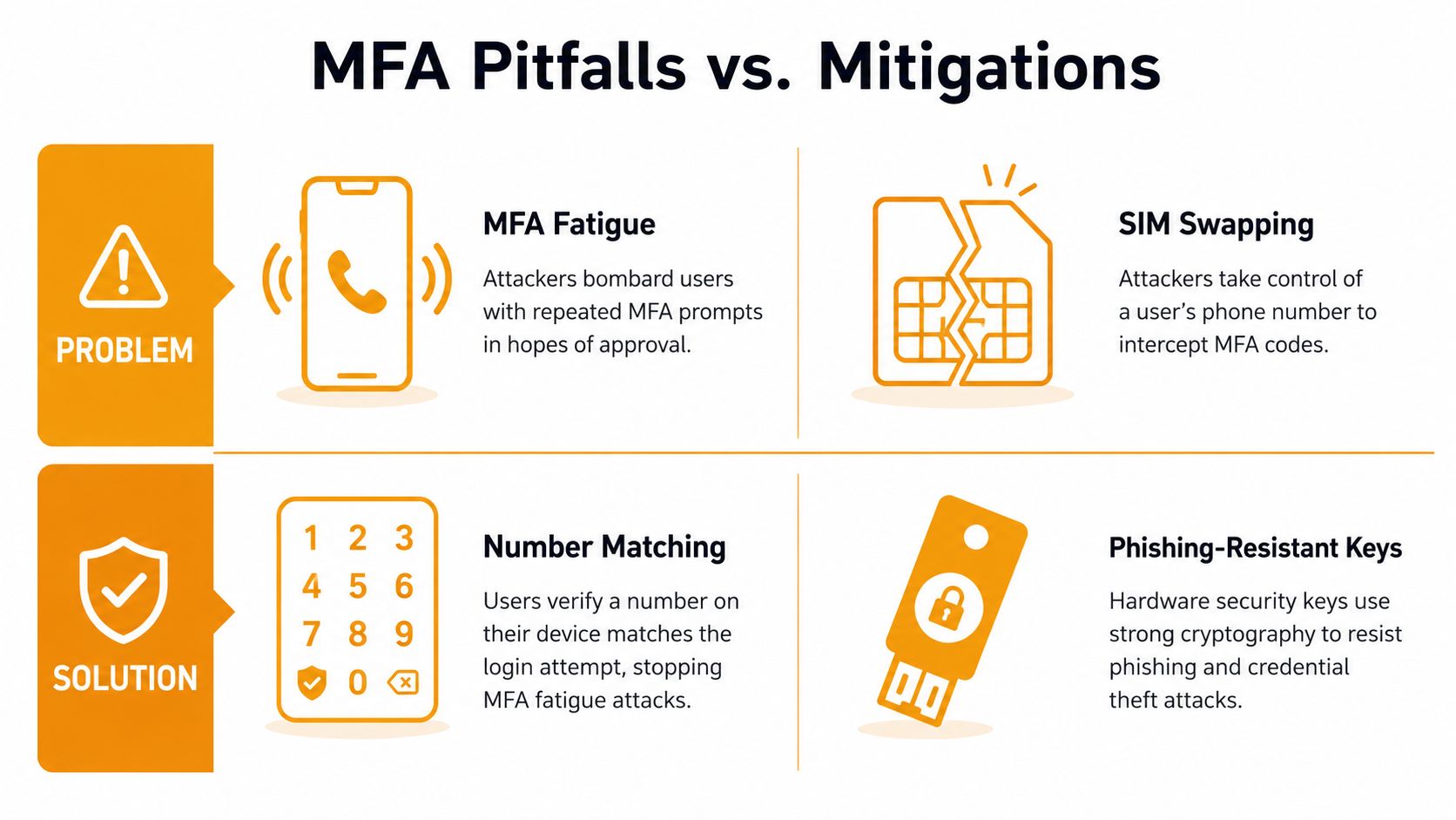 An infographic titled MFA Pitfalls vs. Mitigations showing security problems like fatigue and SIM swapping alongside solutions.