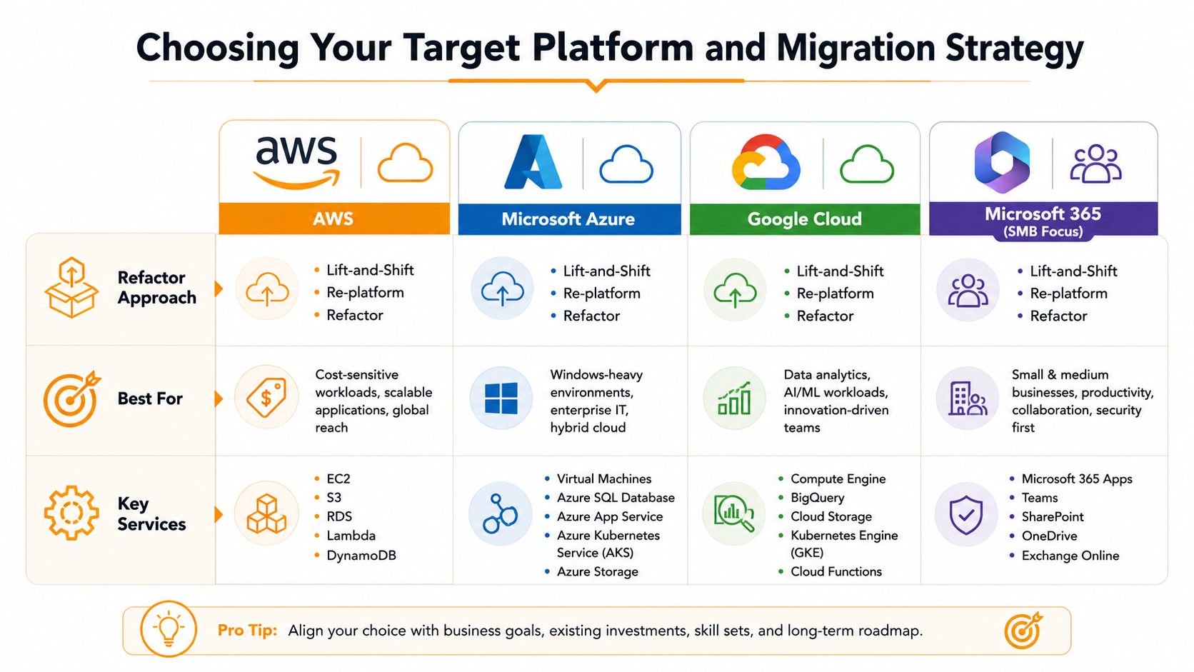 A comparison chart outlining migration strategies and key services for AWS, Microsoft Azure, Google Cloud, and Microsoft 365 platforms.