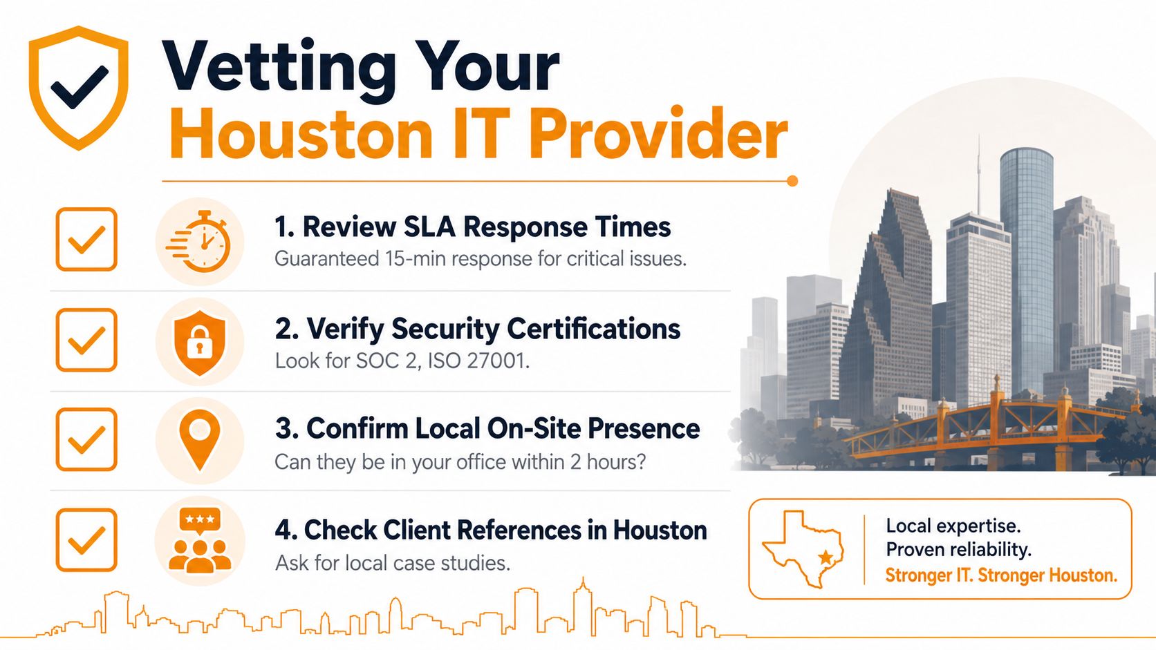 An infographic titled Vetting Your Houston IT Provider listing four essential tips for selecting local technology services.