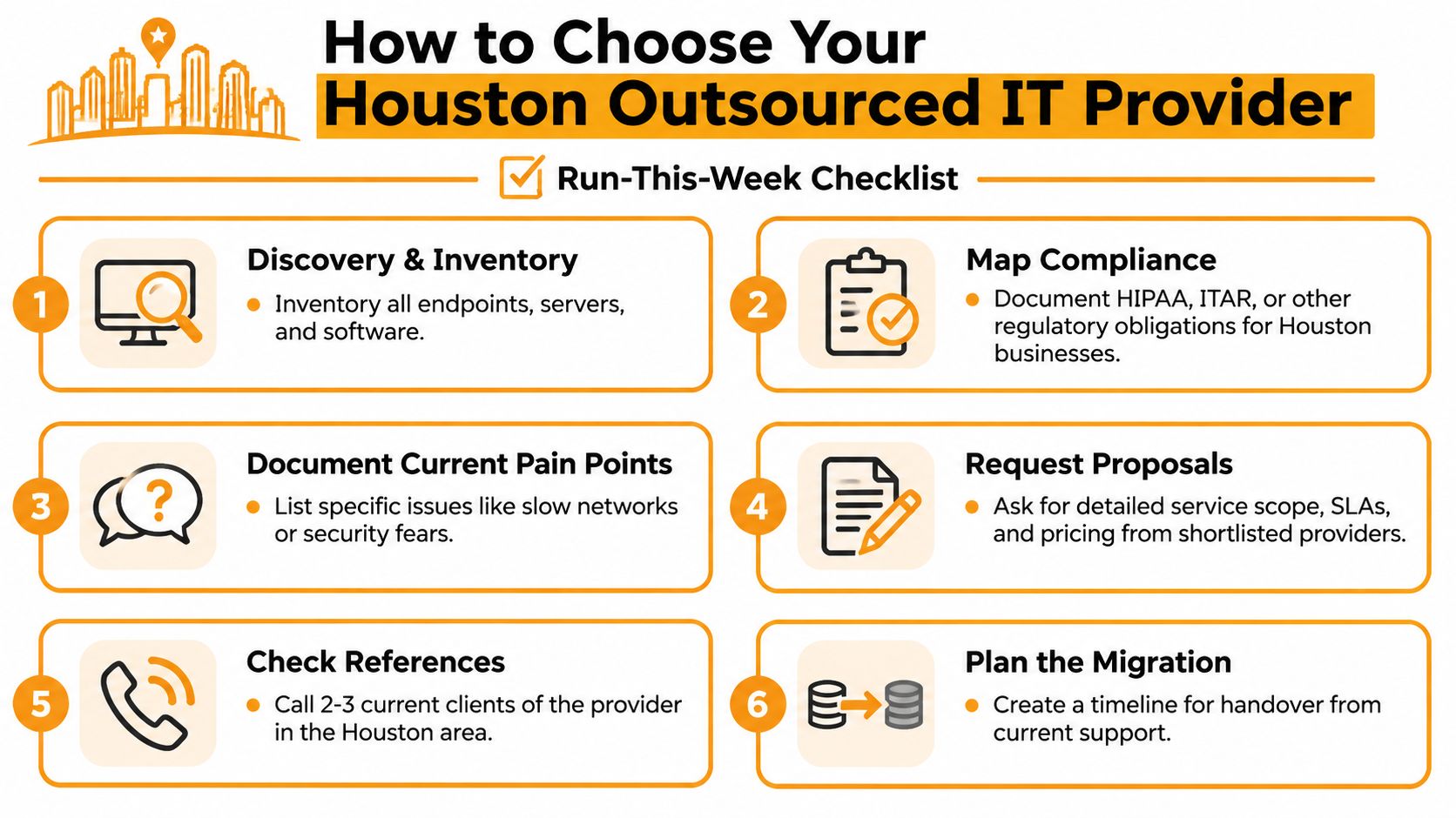 A checklist of six essential steps for Houston businesses choosing an outsourced IT service provider.
