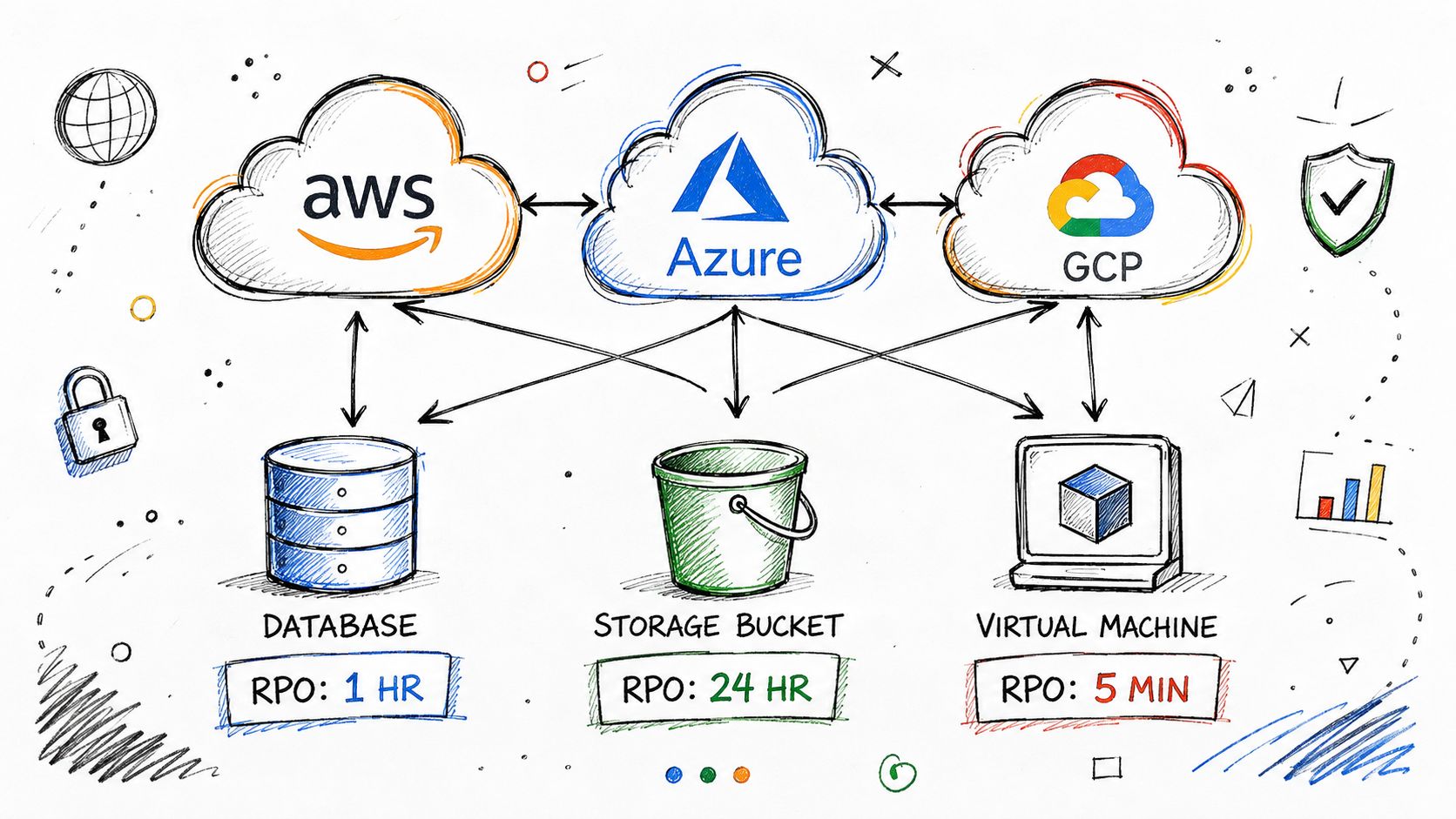 A hand-drawn illustration depicting a multi-cloud architecture connecting AWS, Azure, and GCP to various resources.