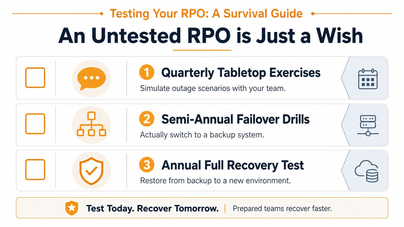 A survival guide infographic illustrating three essential steps for testing recovery point objectives to ensure disaster readiness.