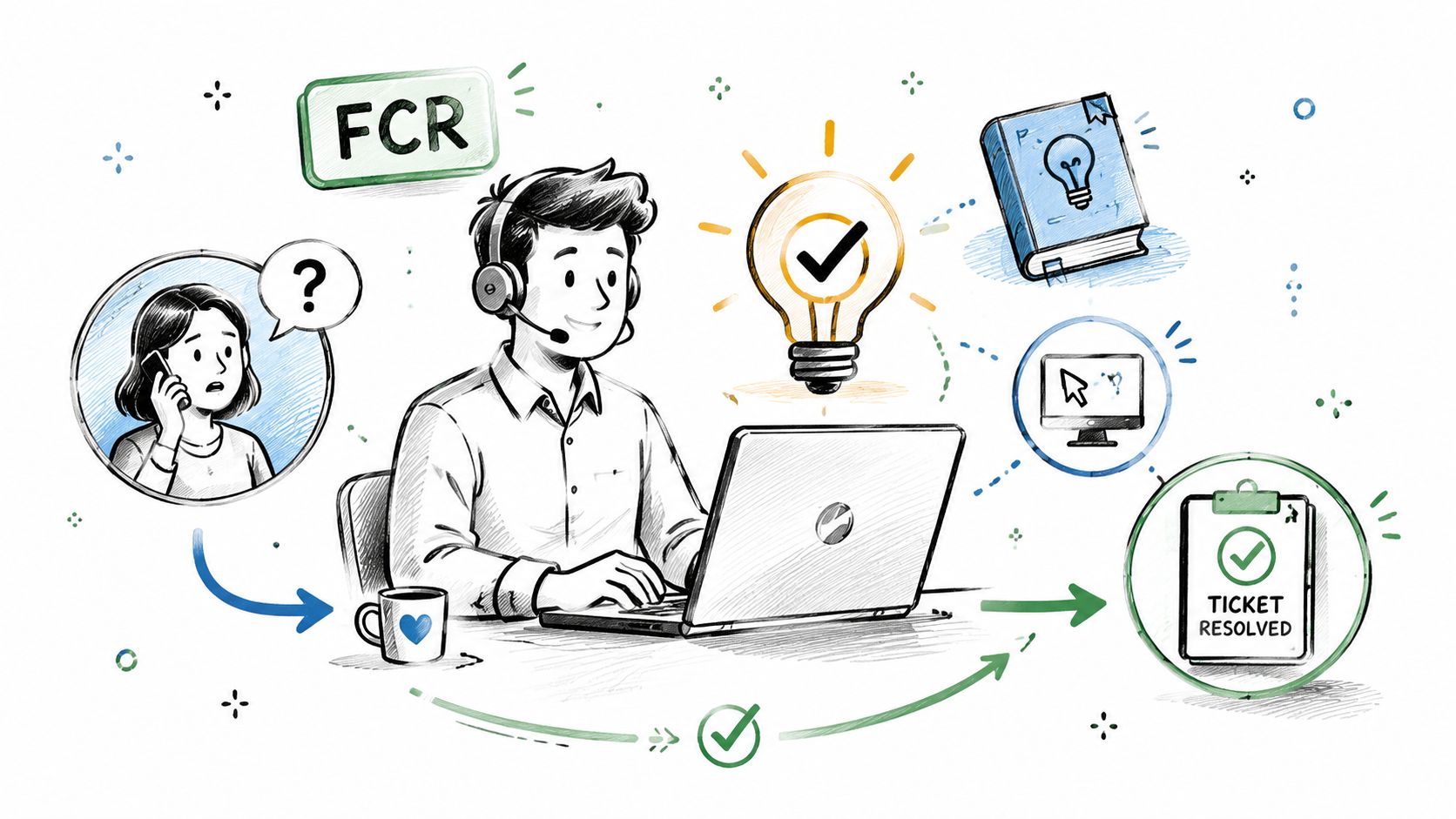 A customer service representative wearing a headset resolves a client inquiry, illustrating first contact resolution workflow steps.
