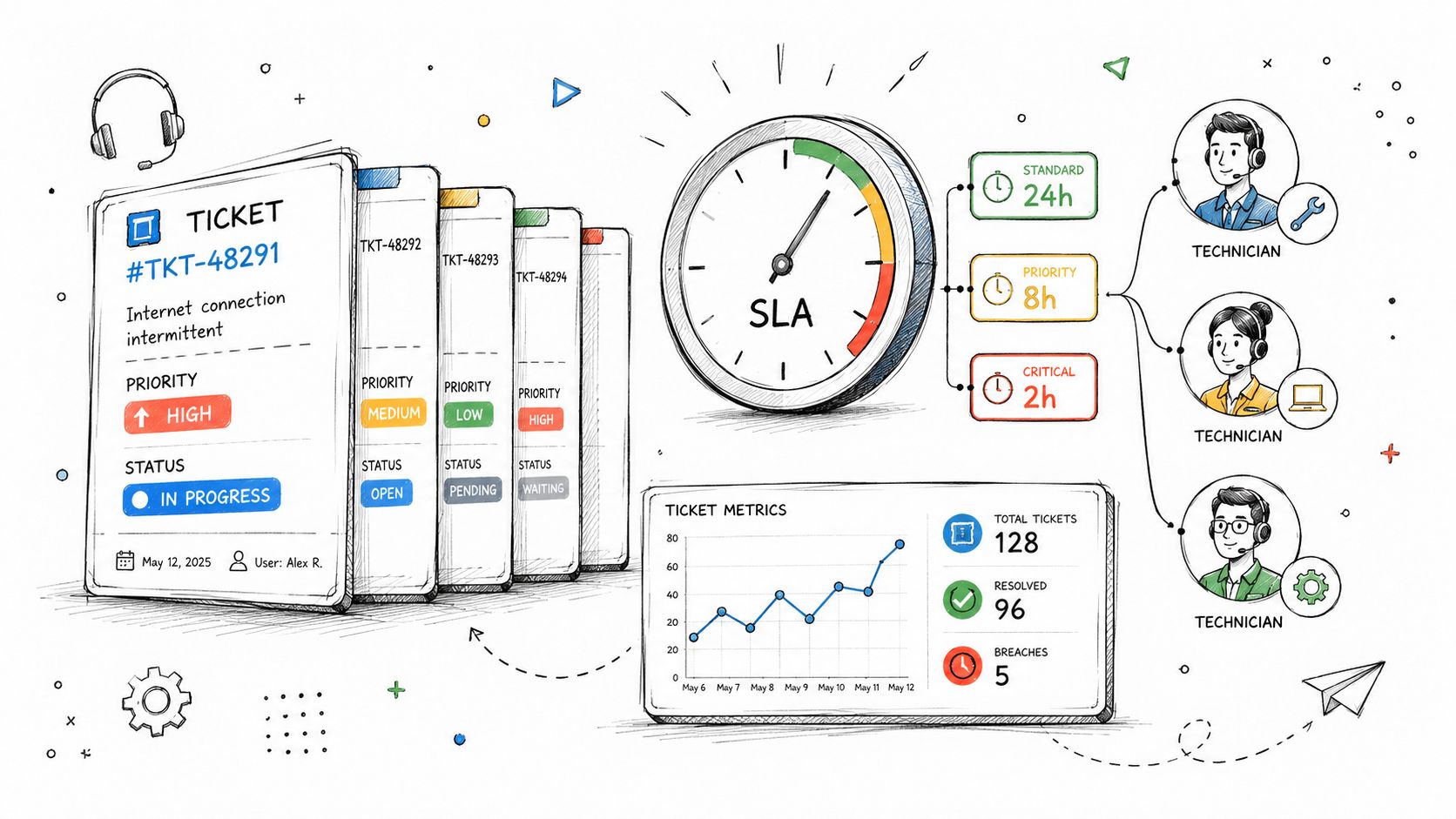 A hand-drawn illustration showing IT service desk ticket management, SLA metrics, and technician workflow visualization.