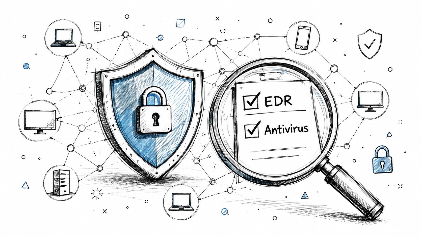A digital illustration showing a shield, magnifying glass, and security icons representing cybersecurity and IT protection services.