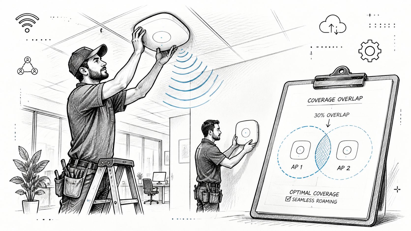 Two technicians installing wireless access points on a ceiling and wall to achieve optimal network coverage and roaming.